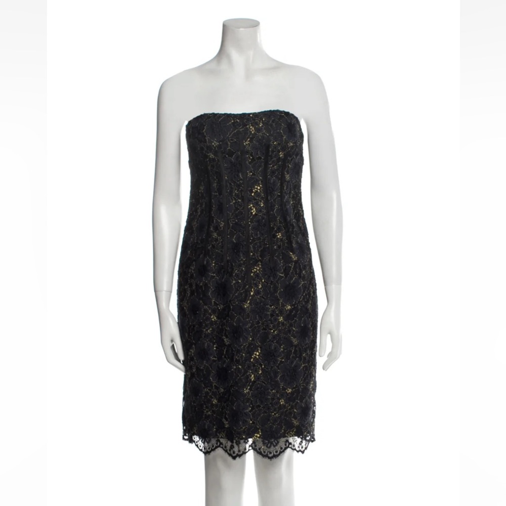Aiden Mattox Navy and Gold Lace Strapless Dress
